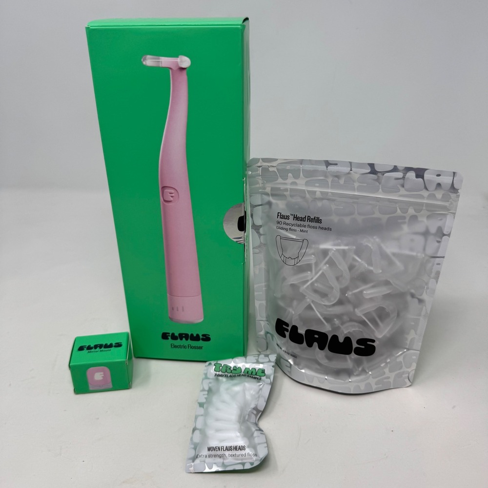 Flaus Electric Flosser Pink Starter Kit with 90ct Refill Heads and Mirror Mount